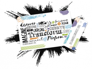 Library card with word cloud in various colors with Imagine & Transform larger with black grunge splash behind it