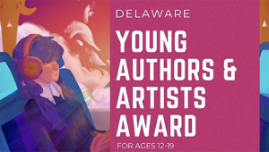 Fuchsia background with illustrated teen wearing head phones sitting in bus seat