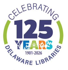 Circle with Celebrating Delaware Libraries text and 125 years in large numbers in the middle