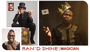 Ran D Shine Photos performing magic with cards, wearing various hats