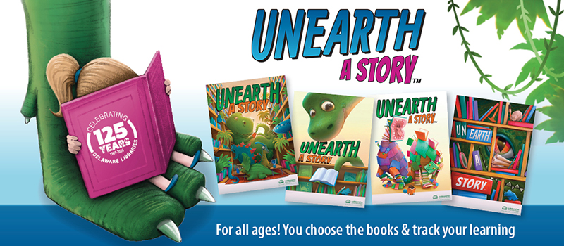 Child reading a pink book on a dinosaur foot with posters from the Summer Library Reading Program to the right, with green leaves and vines decorating the sides.