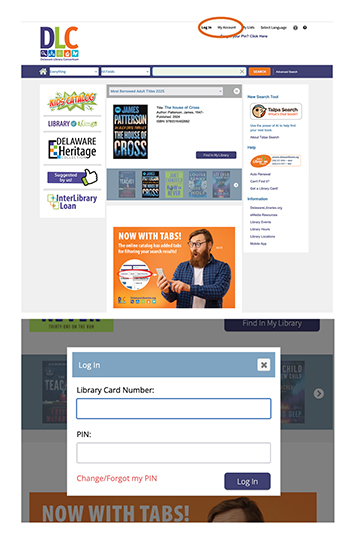 Screen Shot of Calatlog with My Account Circled at top towards the right and pop up where the library card number goes